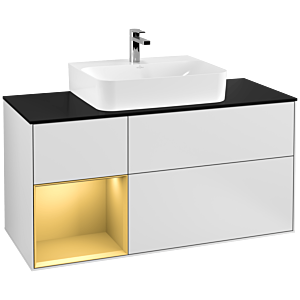 Villeroy und Boch Finion Waschtischunterschrank F162HFMT 120cm, Abdeckplatte black matt, Regal links Gold matt, White matt lacquer