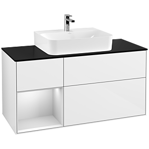 Villeroy et Boch Finion Villeroy et Boch F162MTGF 120cm, plaque de finition noir mat, étagère gauche laqué blanc mat, laqué blanc brillant