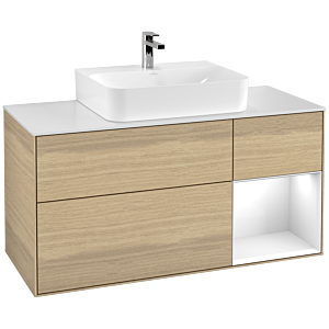 Villeroy und Boch Finion Waschtischunterschrank F171GFPC 120cm, Abdeckplatte white matt, Regal rechts Glossy white lacquer, Oak Veneer