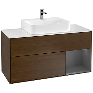 Villeroy und Boch Finion Waschtischunterschrank F171GKGN 120cm, Abdeckplatte white matt, Regal rechts Anthracite matt, Walnut veneer