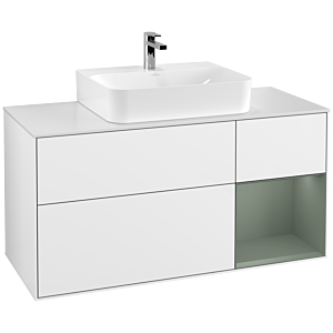 Villeroy und Boch Finion Waschtischunterschrank F171GMGF 120cm, Abdeckplatte white matt, Regal rechts Olive Matt Lacquer, Glossy white lacquer