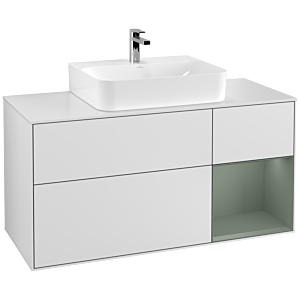 Villeroy und Boch Finion Waschtischunterschrank F171GMMT 120cm, Abdeckplatte white matt, Regal rechts Olive Matt Lacquer, White matt lacquer
