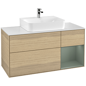 Villeroy und Boch Finion Waschtischunterschrank F171GMPC 120cm, Abdeckplatte white matt, Regal rechts Olive Matt Lacquer, Oak Veneer