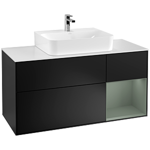 Villeroy und Boch Finion Waschtischunterschrank F171GMPD 120cm, Abdeckplatte white matt, Regal rechts Olive Matt Lacquer, Black matt lacquer