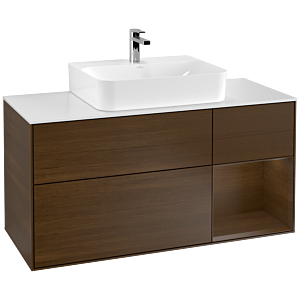 Villeroy und Boch Finion Waschtischunterschrank F171GNGN 120cm, Abdeckplatte white matt, Regal rechts Walnut veneer, Walnut veneer