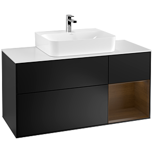 Villeroy und Boch Finion Waschtischunterschrank F171GNPD 120cm, Abdeckplatte white matt, Regal rechts Walnut veneer, Black matt lacquer