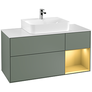 Villeroy und Boch Finion Waschtischunterschrank F171HFGM 120cm, Abdeckplatte white matt, Regal rechts Gold matt, Olive Matt Lacquer