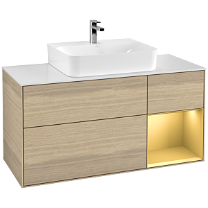 Villeroy und Boch Finion Waschtischunterschrank F171HFPC 120cm, Abdeckplatte white matt, Regal rechts Gold matt, Oak Veneer