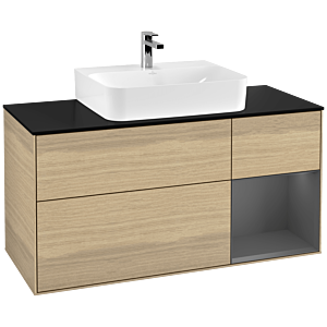 Villeroy und Boch Finion Waschtischunterschrank F172GKPC 120cm, Abdeckplatte black matt, Regal rechts Anthracite matt, Oak Veneer