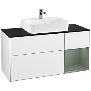Villeroy und Boch Finion Waschtischunterschrank F172GMGF 120cm, Abdeckplatte black matt, Regal rechts Olive Matt Lacquer, Glossy white lacquer
