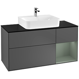 Villeroy und Boch Finion Waschtischunterschrank F172GMGK 120cm, Abdeckplatte black matt, Regal rechts Olive Matt Lacquer, Anthracite matt