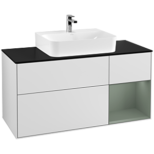 Villeroy und Boch Finion Waschtischunterschrank F172GMMT 120cm, Abdeckplatte black matt, Regal rechts Olive Matt Lacquer, White matt lacquer