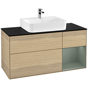 Villeroy und Boch Finion Waschtischunterschrank F172GMPC 120cm, Abdeckplatte black matt, Regal rechts Olive Matt Lacquer, Oak Veneer