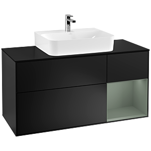 Villeroy und Boch Finion Waschtischunterschrank F172GMPD 120cm, Abdeckplatte black matt, Regal rechts Olive Matt Lacquer, Black matt lacquer