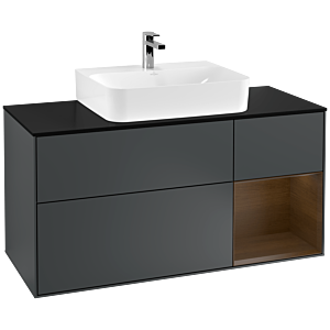 Villeroy und Boch Finion Waschtischunterschrank F172GNHG 120cm, Abdeckplatte black matt, Regal rechts Walnut veneer, Midnight Blue Matt Lacquer