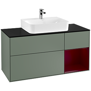 Villeroy und Boch Finion Waschtischunterschrank F172HBGM 120cm, Abdeckplatte black matt, Regal rechts Peony, Olive Matt Lacquer