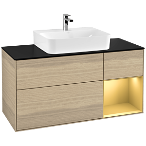 Villeroy und Boch Finion Waschtischunterschrank F172HFPC 120cm, Abdeckplatte black matt, Regal rechts Gold matt, Oak Veneer