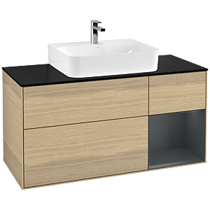 Villeroy und Boch Finion Waschtischunterschrank F172HGPC 120cm, Abdeckplatte black matt, Regal rechts Midnight Blue Matt Lacquer, Oak Veneer