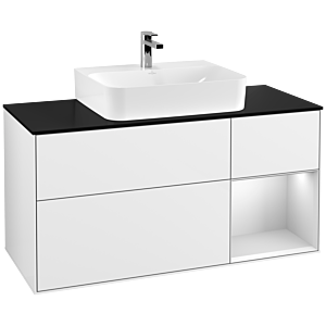 Villeroy et Boch Finion Villeroy et Boch F172MTGF 120cm, plaque de finition noir mat, étagère à droite laqué blanc mat, laqué blanc brillant