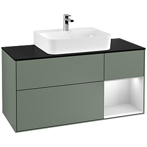 Villeroy und Boch Finion Waschtischunterschrank F172MTGM 120cm, Abdeckplatte black matt, Regal rechts White matt lacquer, Olive Matt Lacquer