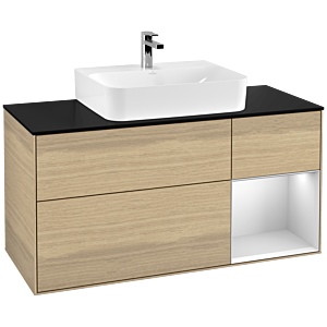 Villeroy und Boch Finion Waschtischunterschrank F172MTPC 120cm, Abdeckplatte black matt, Regal rechts White matt lacquer, Oak Veneer