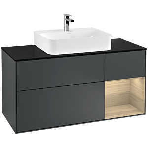 Villeroy und Boch Finion Waschtischunterschrank F172PCHG 120cm, Abdeckplatte black matt, Regal rechts Oak Veneer, Midnight Blue Matt Lacquer