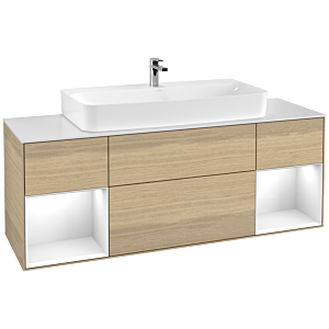 Villeroy et Boch Finion Villeroy et Boch F211GFPC 160cm, plaque de finition blanc mat, étagères laqué blanc brillant, Oak Veneer