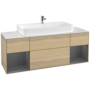 Villeroy und Boch Finion Waschtischunterschrank F211GKPC 160cm, Abdeckplatte white matt, Regale Anthracite matt lacquer, Oak Veneer