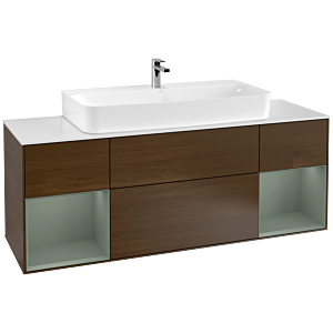 Villeroy et Boch Finion Villeroy et Boch F211GMGN 160cm, plaque de finition blanc mat, étagères laqué olive mat, placage noyer