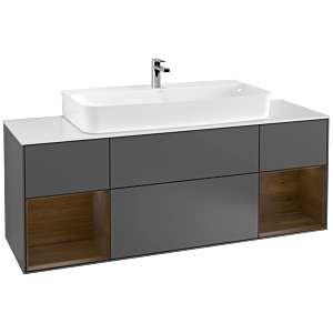 Villeroy und Boch Finion Waschtischunterschrank F211GNGK 160cm, Abdeckplatte white matt, Regale Walnut veneer, Anthracite matt