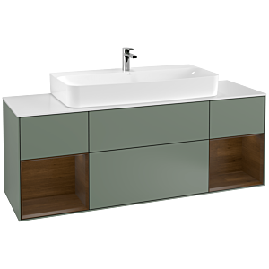 Villeroy und Boch Finion Waschtischunterschrank F211GNGM 160cm, Abdeckplatte white matt, Regale Walnut veneer, Olive Matt Lacquer
