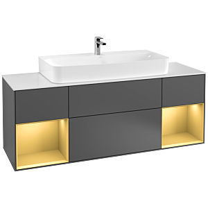 Villeroy und Boch Finion Waschtischunterschrank F211HFGK 160cm, Abdeckplatte white matt, Regale Gold matt lacquer, Anthracite matt