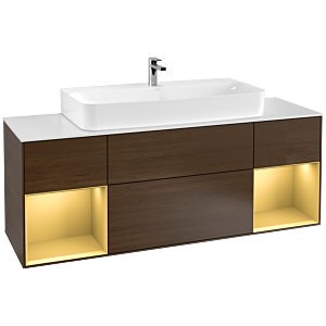 Villeroy und Boch Finion Waschtischunterschrank F211HFGN 160cm, Abdeckplatte white matt, Regale Gold matt lacquer, Walnut veneer