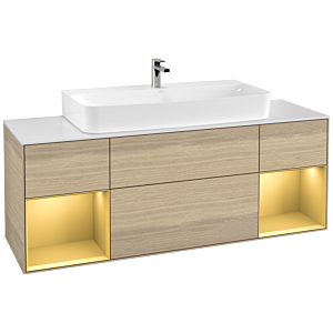 Villeroy und Boch Finion Waschtischunterschrank F211HFPC 160cm, Abdeckplatte white matt, Regale Gold matt lacquer, Oak Veneer