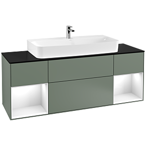 Villeroy et Boch Finion Villeroy et Boch F212GFGM 160cm, plaque de finition noir mat, étagères laqué blanc brillant, Olive Matt Lacquer