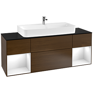 Villeroy et Boch Finion Villeroy et Boch F212GFGN 160cm, plaque de finition noir mat, étagères laqué blanc brillant, placage noyer