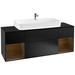 Villeroy und Boch Finion Waschtischunterschrank F212GNPD 160cm, Abdeckplatte black matt, Regale Walnut veneer, Black matt lacquer