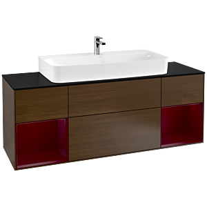 Villeroy und Boch Finion Waschtischunterschrank F212HBGN 160cm, Abdeckplatte black matt, Regale Peony matt lacquer, Walnut veneer