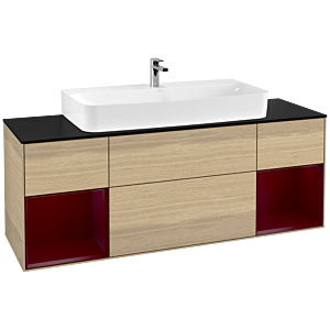 Villeroy und Boch Finion Waschtischunterschrank F212HBPC 160cm, Abdeckplatte black matt, Regale Peony matt lacquer, Oak Veneer