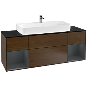 Villeroy und Boch Finion Waschtischunterschrank F212HGGN 160cm, Abdeckplatte black matt, Regale Midnight matt lacquer, Walnut veneer
