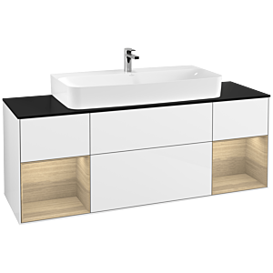 Villeroy und Boch Finion Waschtischunterschrank F212PCGF 160cm, Abdeckplatte black matt, Regale Oak Veneer, Glossy white lacquer