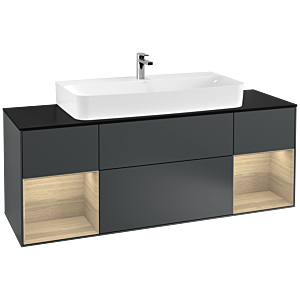 Villeroy und Boch Finion Waschtischunterschrank F212PCHG 160cm, Abdeckplatte black matt, Regale Oak Veneer, Midnight Blue Matt Lacquer