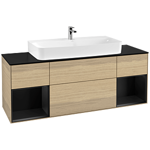 Villeroy und Boch Finion Waschtischunterschrank F212PDPC 160cm, Abdeckplatte black matt, Regale Black matt lacquer, Oak Veneer