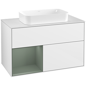 Villeroy und Boch Finion Waschtischunterschrank F241GMGF 100x60,3cm, Abdeckplatte white matt, Regal links Olive Matt Lacquer, Glossy white lacquer