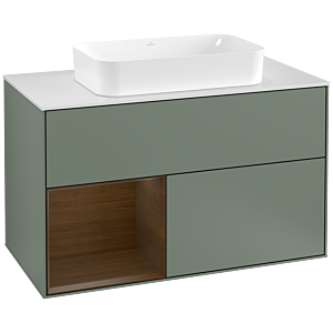 Villeroy et Boch Finion Villeroy et Boch F241GNGM 100x60,3cm, plaque de finition blanc mat, étagère gauche placage noyer, Olive Matt Lacquer