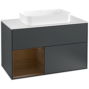 Villeroy und Boch Finion Waschtischunterschrank F241GNHG 100x60,3cm, Abdeckplatte white matt, Regal links Walnut veneer, Midnight Blue Matt Lacquer