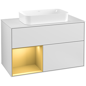 Villeroy et Boch Finion Villeroy et Boch F241HFMT 100x60,3cm, plaque de finition blanc mat, étagère gauche or mat, laqué blanc mat