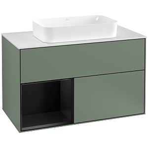 Villeroy et Boch Finion Villeroy et Boch F241PDGM 100x60,3cm, plaque de finition blanc mat, étagère gauche laqué noir mat, Olive Matt Lacquer