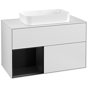 Villeroy und Boch Finion Waschtischunterschrank F241PDMT 100x60,3cm, Abdeckplatte white matt, Regal links Black matt lacquer, White matt lacquer