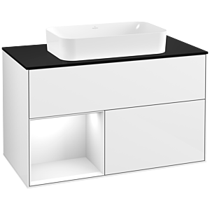 Villeroy et Boch Finion Villeroy et Boch F242GFGF 100x60,3cm, plaque de finition noir mat, étagère gauche laqué blanc brillant, laqué blanc brillant